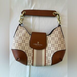 London Fog Women's Aryana Shoulder Bag Jacquard White & Brown Zip Magnet Close
